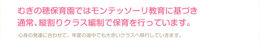 むぎの穂保育園ではモンテッソーリ教育に基づき
通常、縦割りクラス編制で保育を行っています。心身の発達に合わせて、年度の途中でも大きいクラスへ移行していきます。